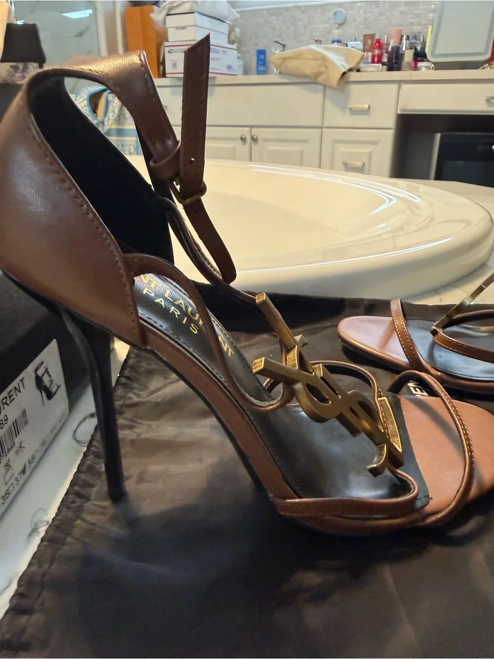 Saint Laurent Metallic Brown YSL Logo Strappy High Heels